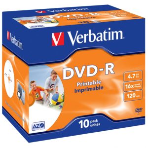 VERBATIM 4.7GB DVD-R (16X) – PRINTABLE JEWEL CASE (BOX OF 10) | T4T-43521