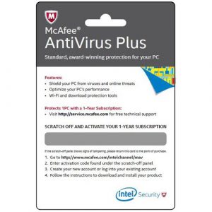 Intel McAfee Antivirus Plus Physical Activation Card; 1 year (English) | T4T-BKCMAV1YRENG